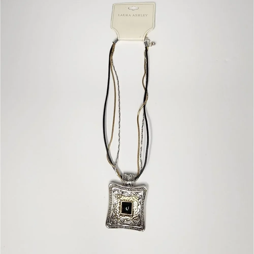 Laura Ashkey NEW Vintage Multi Strand Necklace 2 Tone Pendant Black Cabochon